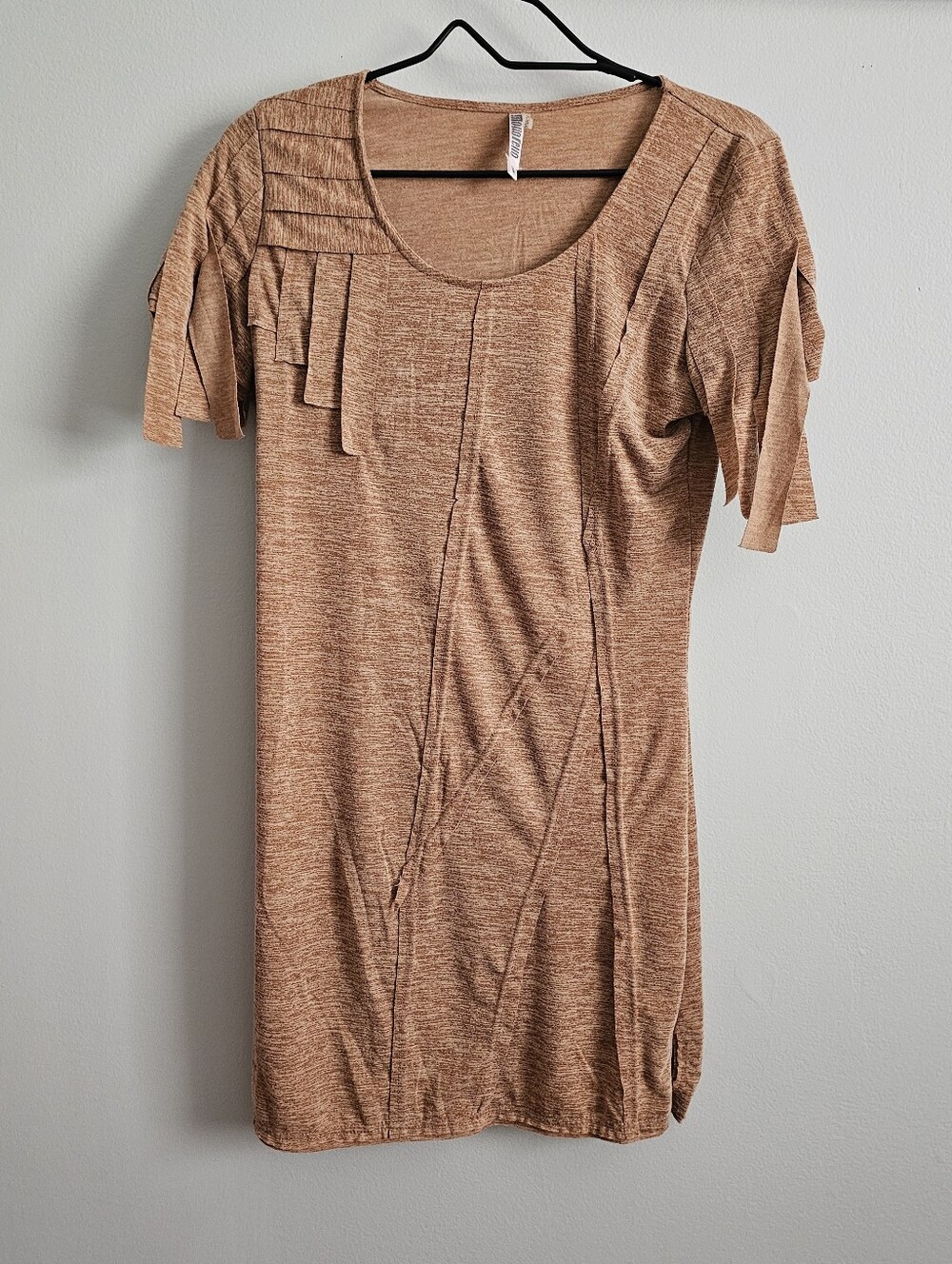 Monoreno Boho Dress Heather Brown/Tan Tassel Strips Stretch Knit, Medium